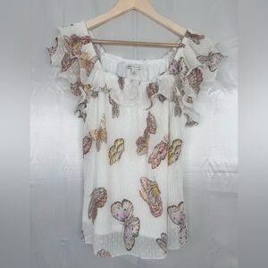 Cato Butterfly Print flutter sleeves lined Ruffle‎ Top size small